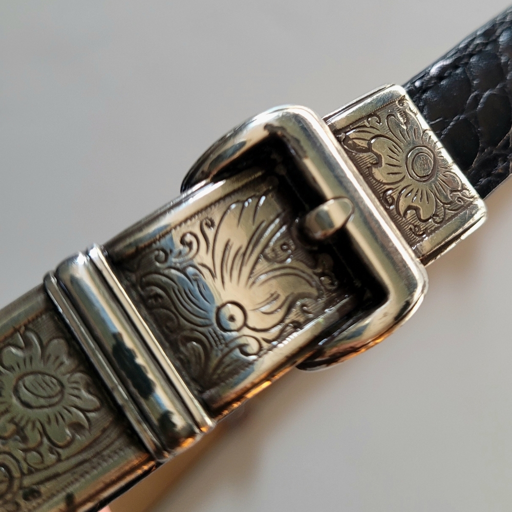 BRIGHTON Etched Silver Buckle Black Leather Belt